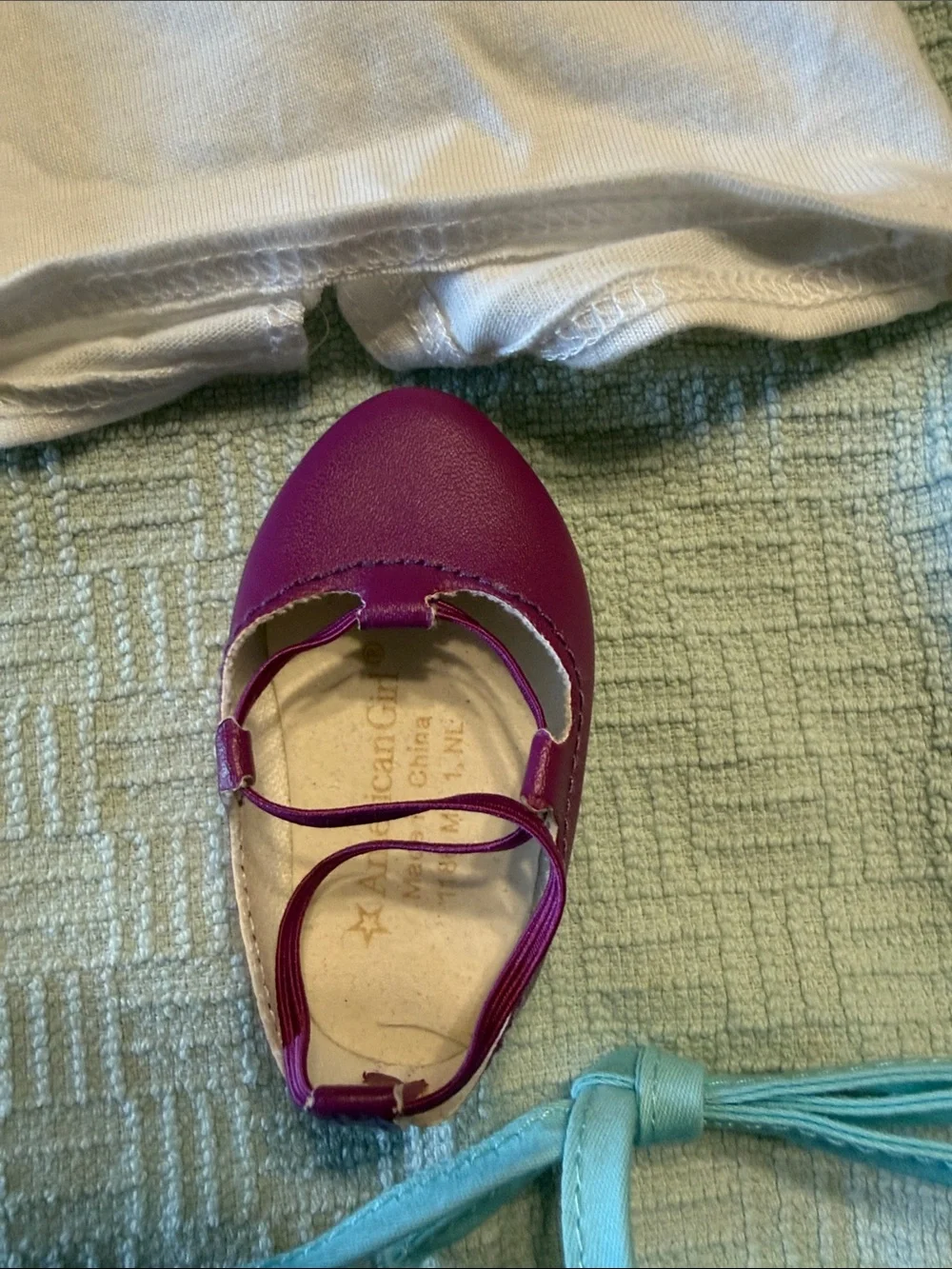 American Girl Kids Accessories Set - White Top, Purple Shoe, Light Blue apron